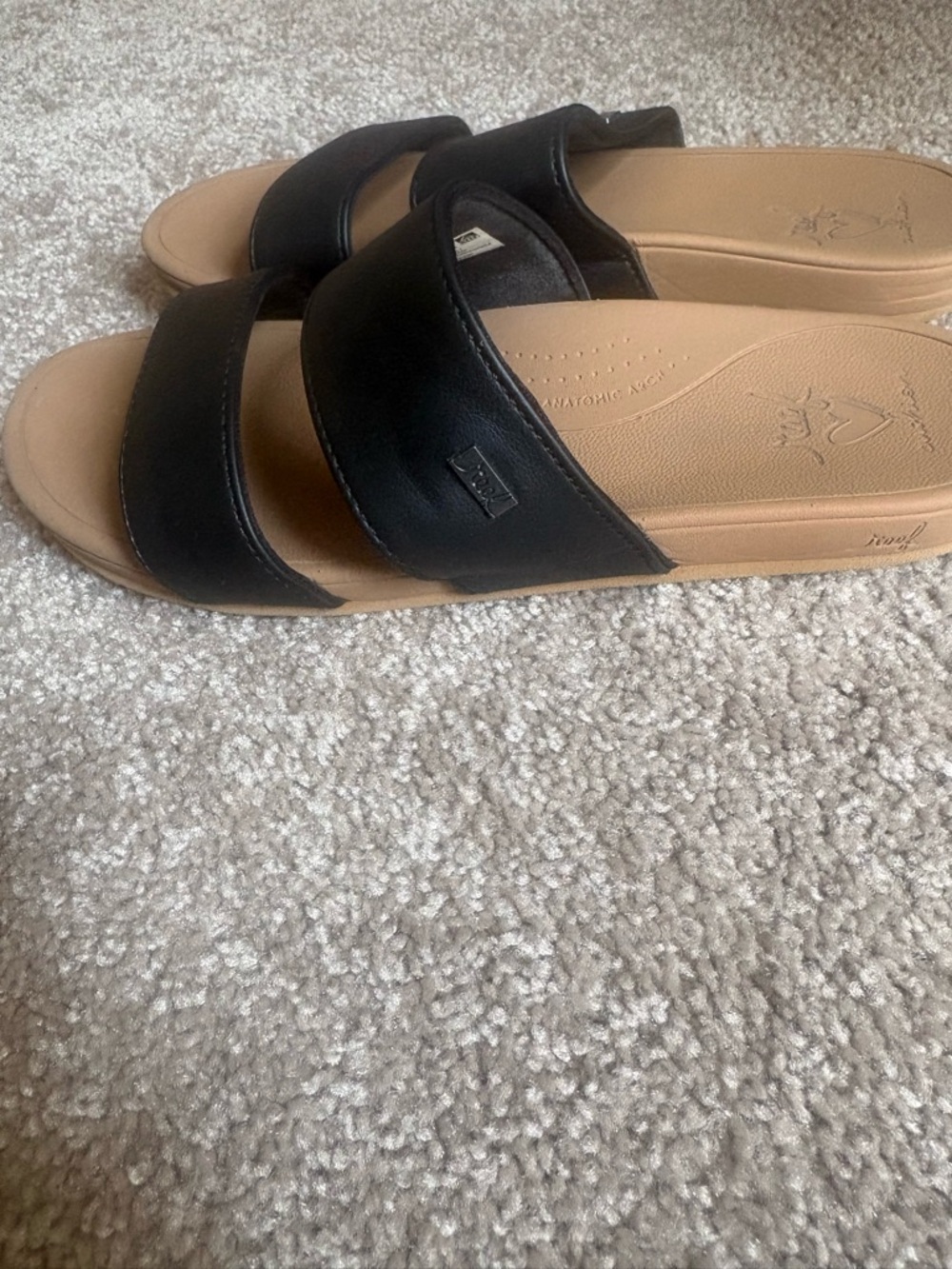 REEF Cushion Black Double-Strap Slide Sandals with Tan Footbed - Picture 2 of 5